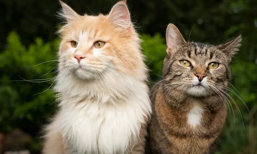 two-different-breeds-of-cats-side-by-side-outdoors-in-the-garden